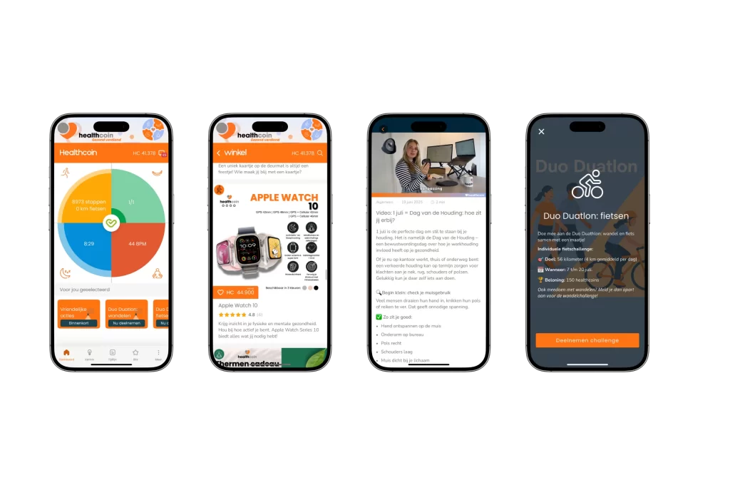 Vitaliteitsapp Healthcoin met challenges, beloningen en inzichten voor gezondheid medewerkers.