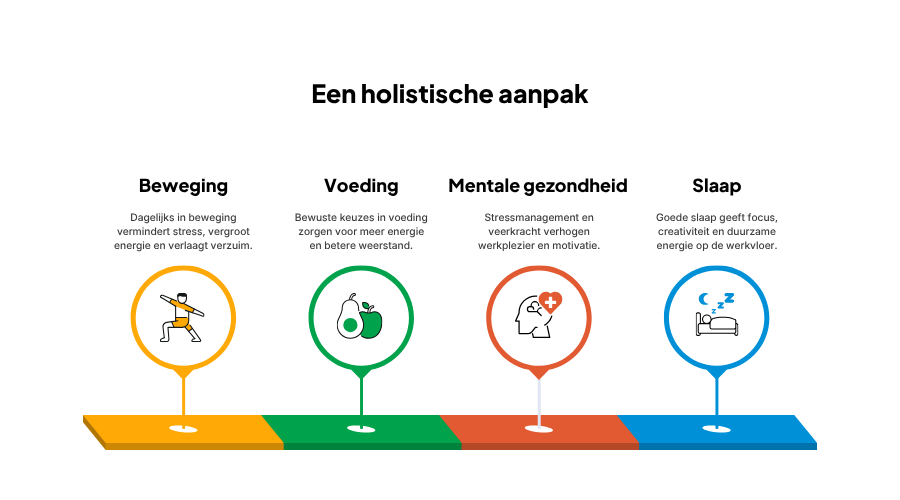 Infographic holistische aanpak: "vitaliteitsinitiatieven voor beweging, voeding, mentale gezondheid en slaap op de werkvloer" Infographic Healthcoin cyclus: "healthcoin vitaliteitsinitiatieven cyclus: budget, deelname, beloning en gezondheid