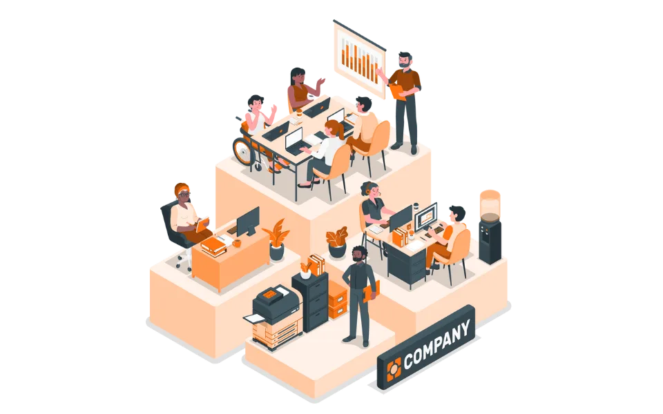 Illustratie van diverse medewerkers die samen werken aan vitaliteit binnen de organisatie