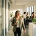 Professional in de veertig loopt energiek door een zonnig modern kantoorcorridor met een groene smoothie in de hand.