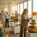 Professional kiest vers fruit bij een wellnessstation in een lichte open kantoorruimte met collega's die stretchen.