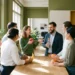 Diverse collega's lachen samen rond een zonnige kantoorkeuken, elk met fruit of een waterfles in hand.