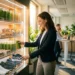 Medewerker kiest groene smoothie en sportschoenen uit een verlicht wellnessaanbod in een modern kantoor.