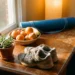 Houten bureau met yogamat, vers fruit, hardloopschoenen en plant in warm goudkleurig licht.