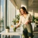 Energieke medewerker zet groene smoothie op wit bureau in zonnig modern kantoor met grote ramen en kamerplant.
