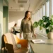 Energieke medewerker keert terug naar modern kantoor met groene plant op bureau en warm ochtendlicht.