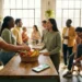 Diverse medewerkers in zonnige kantoorkeuken kiezen gezond fruit en bereiden zich voor op beweging, wellness-app zichtbaar op smartphone.