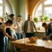 Diverse collega's bijeen rond een zonnige kantinetafel met vers fruit, terwijl iemand hardloopschoenen vetert.