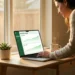 Zorgmanager bekijkt stijgende welzijnsgrafiek op laptop in modern kantoor met groene plant en koffie in gouden ochtendlicht.