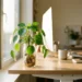 Groene plant groeit in glazen pot gevuld met munten op een modern kantoorbureau, verlicht door warm zonlicht.