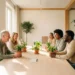 Diverse collega's rond een vergadertafel in een modern Nederlands kantoor, elk met een kleine plant in terracottapot, lachend in warm ochtendlicht.