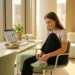 Jonge professional bindt hardloopschoenen aan bureau met laptop en gezonde lunchbowl, gouden ochtendlicht door grote ramen.