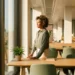 HR-manager staat zelfverzekerd bij een zonnig modern kantoorraam met een notitieboekje en groene plant op het bureau.