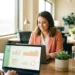HR-professional bekijkt welzijns-dashboard met kleurrijke grafieken op laptop in licht modern kantoor met plant en waterfles.