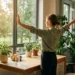 Professional stretcht energiek naast een zonnig kantoorraam, met waterles en fruit op het bureau en groene planten op de achtergrond.