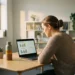 HR-professional bekijkt employee wellness dashboard op laptop aan modern bureau met plant en waterfles, warm natuurlijk licht.