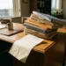 Kanteling stapel personeelsdossiers en HR-mappen op bureau met ziektemeldingsformulier dat eraf glijdt.