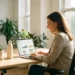 Professional bekijkt dashboard op laptop aan modern bureau met plant en herbruikbare fles, warm natuurlijk licht.