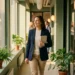 Zelfverzekerde medewerker in smart-casual kleding loopt energiek door een lichte, moderne kantoorgang met planten en natuurlijk daglicht.