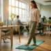 Medewerker stapt op yogamat naast bureau met fruitschaal en drinkfles in lichte kantooromgeving.