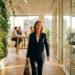 Zelfverzekerde professional van in de veertig loopt energiek door een zonnig modern kantoor met een groene plantenwand op de achtergrond.