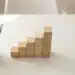 Groene plant met opwaartse bladeren naast een minimalistische staafgrafiek van stenen blokken op wit bureau, bovenaanzicht.