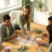 Diverse medewerkers rond een lichte eiken tafel die samen welzijnskaarten en plantentakjes schikken in een modern, licht kantoor.