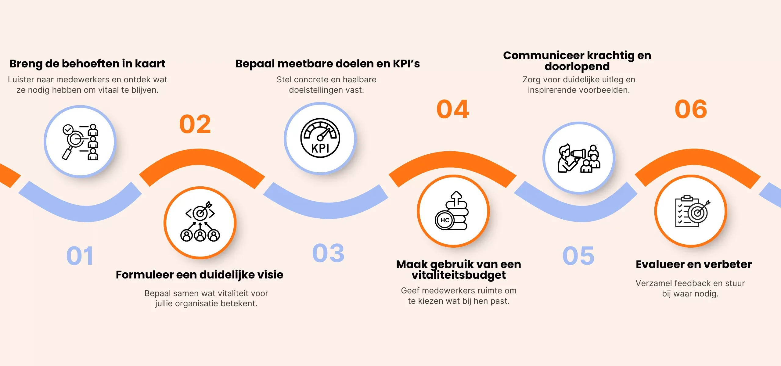 Stappenplan vitaliteitsprogramma 2025: behoeften in kaart brengen, duidelijke visie formuleren, meetbare doelen en KPI’s bepalen, vitaliteitsbudget inzetten, krachtig communiceren en programma continu evalueren en verbeteren voor duurzame inzetbaarheid.